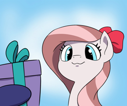 Size: 1240x1040 | Tagged: safe, artist:doublewbrothers, derpibooru import, oc, oc:aurelia freefeather, oc:aurelleah, oc:aurry, pegasus, pony, :3, bow, clothes, cropped, cute, female, gift box, hair bow, holiday, mare, ocbetes, present, simple background, solo