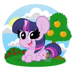 Size: 2048x1945 | Tagged: safe, artist:kittyrosie, derpibooru import, part of a set, twilight sparkle, twilight sparkle (alicorn), alicorn, pony, berry bush, blushing, bush, cloud, cute, female, food, mare, open mouth, orange, orange tree, prone, smiling, solo, strawberry, tree, twiabetes