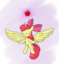 Size: 1200x1300 | Tagged: safe, artist:mew-me, derpibooru import, apple bloom, alicorn, adorabloom, alicorn apple bloom, alicornified, apple, bloomicorn, cute, eyes closed, food, levitation, magic, race swap, solo, telekinesis