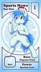 Size: 800x1399 | Tagged: safe, artist:vavacung, derpibooru import, oc, oc:sports news, pegasus, character card, hat, male, pactio card, pegasus oc, wings