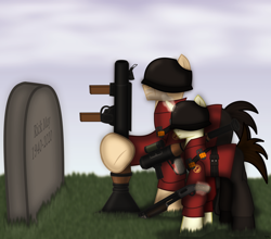 Size: 2550x2240 | Tagged: safe, artist:99999999000, derpibooru import, oc, oc:cwe, earth pony, pony, unicorn, coronavirus, covid-19, direct hit, grave, gun, in memoriam, ponified, rest in peace, rick may, rocket launcher, shotgun, soldier, team fortress 2, valve, weapon