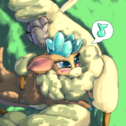 Size: 1584x1584 | Tagged: safe, artist:firefanatic, derpibooru import, paprika paca, velvet reindeer, alpaca, deer, reindeer, them's fightin' herds, blushing, chest fluff, community related, cuddling, cute, description is relevant, female, fluffy, happy, mlem, note, nuzzling, silly, story included, tongue out