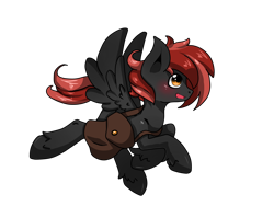 Size: 2000x1500 | Tagged: safe, artist:tomat-in-cup, derpibooru import, oc, oc only, pegasus, pony, bag, blushing, open mouth, pegasus oc, saddle bag, simple background, smiling, solo, transparent background, unshorn fetlocks, wings