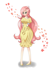 Size: 1322x1735 | Tagged: safe, artist:tomat-in-cup, derpibooru import, fluttershy, human, clothes, cute, dress, eyelashes, female, gloves, high heels, humanized, long gloves, shoes, shyabetes, smiling, solo, wrong eye color