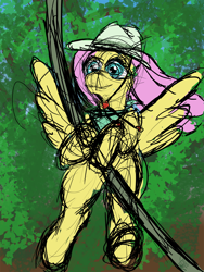 Size: 1500x2000 | Tagged: safe, artist:frostclaw, derpibooru import, fluttershy, pegasus, pony, atg 2020, bandana, clothes, explorer outfit, fedora, female, hat, newbie artist training grounds, sketch, vine