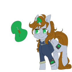 Size: 3500x3500 | Tagged: safe, artist:hellscrossing, derpibooru import, oc, oc only, oc:littlepip, pony, unicorn, fallout equestria, bobby pin, clothes, damaged, fanfic, fanfic art, female, freckles, glowing horn, hooves, horn, levitation, magic, magic aura, mare, one hoof raised, pipbuck, screwdriver, simple background, smiling, solo, telekinesis, transparent background, uniform, vault suit