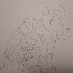 Size: 1080x1080 | Tagged: safe, artist:c_owokie, derpibooru import, fluttershy, pegasus, pony, chest fluff, female, fluffy, lineart, mare, smiling, solo, traditional art, unshorn fetlocks
