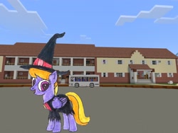 Size: 2048x1536 | Tagged: safe, artist:topsangtheman, derpibooru import, cloud kicker, pegasus, pony, topsangtheman's minecraft server, clothes, costume, house, looking at you, minecraft, photoshopped into minecraft, solo, traditional art, witch