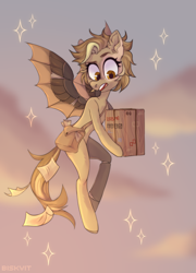 Size: 3000x4165 | Tagged: safe, alternate version, artist:biskvit, derpibooru import, oc, oc only, oc:tinker (ice1517), cyborg, pegasus, pony, amputee, artificial wings, augmented, bag, box, cloud, commission, female, flying, icey-verse, letter, mail, mailbag, mailmare, mare, offspring, open mouth, package, parent:derpy hooves, parent:doctor whooves, parents:doctorderpy, prosthetic leg, prosthetic limb, prosthetic wing, prosthetics, sky, solo, wings, ych result