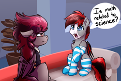 Size: 4000x2670 | Tagged: safe, artist:witchtaunter, derpibooru import, oc, bat pony, pegasus, pony, bat pony oc, bat wings, clothes, commission, confused, math, ponified, science, socks, sofa, speech bubble, striped socks, unamused, wings