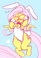 Size: 705x1000 | Tagged: safe, artist:kirinit, derpibooru import, fluttershy, pegasus, pony, blushing, both cutie marks, bow, bunny ears, bunny suit, bunny tail, chest fluff, clothes, costume, covering eyes, cute, cutie mark, explicit source, female, floating heart, heart, hooves on face, leotard, necktie, shyabetes, signature, simple background, sketch, solo, thighs, wings, wrist cuffs