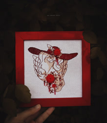 Size: 1000x1140 | Tagged: safe, artist:ipoloarts, derpibooru import, oc, commission, cross stitch, crossstitching, embroidery, finished commission, flower, handmade, needlework, photography, red, solo, ych example, ych result, your character here