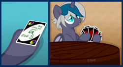 Size: 4174x2278 | Tagged: safe, artist:einarcor, derpibooru import, oc, oc only, oc:elizabat stormfeather, alicorn, bat pony, bat pony alicorn, pony, :p, alicorn oc, bat pony oc, bat wings, card, comic, commission, draw 25, hoof hold, horn, meme, ponified meme, solo, table, tongue out, uno, uno meme, wings, ych result