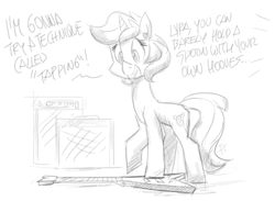 Size: 2000x1460 | Tagged: safe, artist:flutterthrash, derpibooru import, bon bon, lyra heartstrings, sweetie drops, pony, unicorn, atg 2020, black and white, dialogue, female, grayscale, guitar, mare, monochrome, musical instrument, newbie artist training grounds, offscreen character, simple background, solo, traditional art, white background