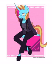 Size: 3334x4096 | Tagged: safe, artist:vreshkashowers, derpibooru import, sassy saddles, anthro, unicorn, female, high heels, high res, pink background, shoes, simple background, solo