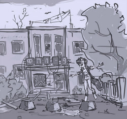 Size: 950x890 | Tagged: safe, artist:agm, derpibooru import, oc, oc only, anthro, birds doing bird things, broken window, building, digital art, hopping, modern, monochrome, puddle, ruins, signs, solo, tree, window