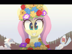 Size: 3000x2265 | Tagged: safe, artist:jimmyjamno1, derpibooru import, fluttershy, pegasus, pony, bust, clothes, crying, dress, female, floral head wreath, flower, full face view, grin, implied death, looking at you, mare, midsommar, outdoors, scene interpretation, smiling, solo focus, this will end in death, this will end in tears, this will end in tears and/or death, wreath