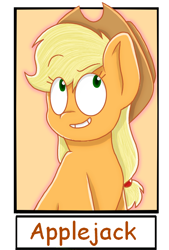 Size: 668x986 | Tagged: safe, alternate version, artist:pankabelle, derpibooru import, applejack, earth pony, pony, bust, cropped, female, grin, hat, looking up, mare, six fanarts, smiling, solo