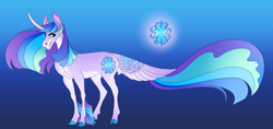 Size: 6493x3066 | Tagged: safe, artist:turnipberry, derpibooru import, oc, oc only, oc:sparkling dawn, pony, unicorn, blue background, cloven hooves, colored fetlocks, colored hooves, commission, curved horn, cutie mark, female, horn, magical lesbian spawn, mare, next generation, offspring, parent:princess celestia, parent:twilight sparkle, parents:twilestia, realistic horse legs, simple background, solo, tail feathers