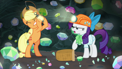 Size: 1920x1080 | Tagged: safe, derpibooru import, screencap, applejack, rarity, earth pony, pony, unicorn, dragon dropped, applejack's hat, ascot tie, basket, bipedal, blouse, bow, cave, clothes, complaining, cowboy hat, displeased, duo, eyes closed, female, gem, gem cave, gritted teeth, hair bow, hard hat, hoof hold, lantern, mare, mining helmet, narrowed eyes, ponytail, raised hoof, rarity is not amused, replacement, scolding, stetson, struggling, tied tail, unamused