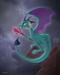 Size: 960x1200 | Tagged: safe, artist:sherwood, derpibooru import, dragon lord ember, princess ember, dragon, bloodstone scepter, dragoness, female, roar, solo, wings