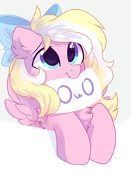 Size: 1500x2000 | Tagged: safe, artist:mirtash, derpibooru import, oc, oc only, oc:bay breeze, pegasus, bow, chest fluff, commission, cute, ear fluff, female, hair bow, looking up, mare, mouth hold, ocbetes, owo, simple background, ych result