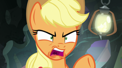 Size: 1920x1080 | Tagged: safe, derpibooru import, screencap, applejack, earth pony, pony, dragon dropped, angry, applejack is not amused, female, gem cave, irritated, lantern, looking at someone, mare, pointing, ponytail, shrunken pupils, solo, unamused, yelling