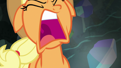 Size: 1920x1080 | Tagged: safe, derpibooru import, screencap, applejack, earth pony, pony, dragon dropped, angry, eyes closed, female, floppy ears, gem cave, mare, open mouth, ponytail, solo, volumetric mouth, yelling