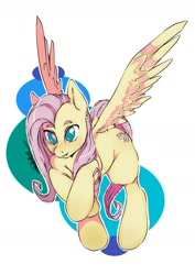 Size: 1280x1811 | Tagged: safe, artist:miphassl, derpibooru import, fluttershy, pegasus, pony, blushing, fanart, female, looking at you, mare, no pupils, open mouth, outline, simple background, smiling, solo, spread wings, white background, white outline, wings
