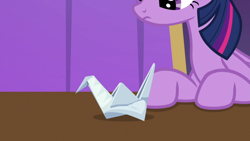 Size: 1920x1080 | Tagged: safe, derpibooru import, screencap, twilight sparkle, twilight sparkle (alicorn), alicorn, pony, a horse shoe-in, female, mare, napkin, object, origami, solo