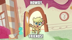 Size: 888x499 | Tagged: safe, derpibooru exclusive, derpibooru import, edit, edited screencap, editor:icey-wicey-1517, screencap, applejack, earth pony, pony, my little pony: pony life, the trail less trotten, spoiler:pony life s01e07, applejack's hat, caption, cowboy hat, cute, door, female, hat, howdy, image macro, imgflip, jackabetes, mare, meme, open mouth, raised hoof, solo, text