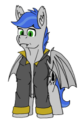 Size: 1713x2581 | Tagged: safe, artist:summerium, derpibooru import, oc, oc only, oc:shade stride, bat pony, bat wings, clothes, ear fluff, fangs, front view, jacket, male, sierra nevada, simple background, solo, transparent background, wings
