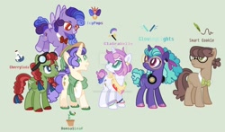 Size: 1920x1128 | Tagged: safe, artist:kyper-space, artist:shiibases, derpibooru import, oc, oc only, oc:bonsai leaf, oc:cherry soda, oc:clairabelle, oc:glowing lights, oc:icy pop, oc:smart cookie, earth pony, pegasus, pony, unicorn, base used, bowtie, bracelet, clothes, colored hooves, colored pupils, deviantart watermark, ear piercing, earring, female, freckles, glasses, goggles, hair ribbon, hat, headphones, jewelry, magical lesbian spawn, male, mare, next generation, obtrusive watermark, offspring, parent:applejack, parent:big macintosh, parent:cheese sandwich, parent:fancypants, parent:fluttershy, parent:pinkie pie, parent:rainbow dash, parent:rarity, parent:starlight glimmer, parent:sunset shimmer, parent:trixie, parent:twilight sparkle, parents:appledash, parents:cheesepie, parents:fluttermac, parents:raripants, parents:startrix, parents:sunsetsparkle, piercing, scarf, stallion, watermark