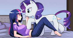 Size: 1920x1006 | Tagged: safe, artist:danny94, derpibooru import, rarity, twilight sparkle, human, pony, bed, clothes, desk, female, human and pony, human on pony action, humanized, interspecies, lamp, lesbian, pajamas, rarilight, shipping