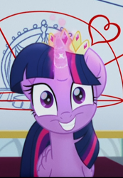 Size: 315x454 | Tagged: safe, derpibooru import, screencap, twilight sparkle, twilight sparkle (alicorn), alicorn, pony, my little pony: the movie, cropped, crown, cute, female, glowing horn, horn, jewelry, looking at you, mare, nervous grin, regalia, solo, twiabetes