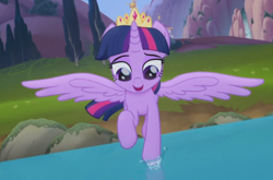 Size: 724x478 | Tagged: safe, derpibooru import, screencap, twilight sparkle, twilight sparkle (alicorn), alicorn, pony, my little pony: the movie, cropped, crown, female, flying, jewelry, lake, looking down, mare, open mouth, regalia, solo, spread wings, wings