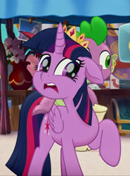 Size: 603x813 | Tagged: safe, derpibooru import, screencap, spike, twilight sparkle, twilight sparkle (alicorn), alicorn, dragon, my little pony: the movie, cropped, crown, duo, floppy ears, jewelry, nervous, regalia