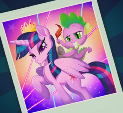 Size: 728x671 | Tagged: safe, derpibooru import, screencap, spike, twilight sparkle, twilight sparkle (alicorn), alicorn, dragon, pony, my little pony: the movie, cropped, crown, dragons riding ponies, duckface, duo, female, jewelry, male, mare, picture, quill, raised hoof, regalia, riding, smiling