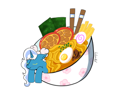 Size: 1280x960 | Tagged: safe, artist:libertad10, derpibooru import, oc, oc only, oc:fleurbelle, alicorn, pony, alicorn oc, bow, bowl, chopsticks, egg, eyes closed, female, food, hair bow, horn, mare, noodles, seaweed, simple background, smiling, solo, transparent background, wings