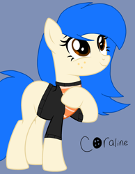 Size: 1916x2465 | Tagged: safe, artist:circuspaparazzi5678, derpibooru import, oc, oc:coraline, earth pony, pony, base used, clothes, freckles, jacket, shirt, smiling, solo