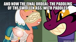 Size: 600x337 | Tagged: safe, derpibooru import, edit, edited screencap, screencap, somnambula, sphinx (character), sphinx, daring done?, blindfold, caption, image macro, imminent spanking, lip bite, text, the simpsons, vulgar