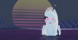 Size: 1920x1001 | Tagged: safe, derpibooru import, oc, oc only, oc:princess-pancakes, alicorn, aesthetic, alicorn oc, blushing, crown, horn, jewelry, ocean, purple, regalia, second life, sunset, synthwave, water, wings