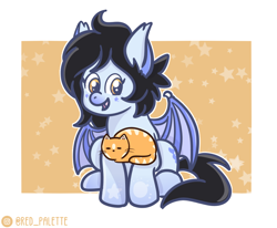 Size: 904x744 | Tagged: safe, artist:redpalette, derpibooru import, oc, oc:mitzy, bat pony, cat, cute, pet, sitting, smiling, spread wings, wings