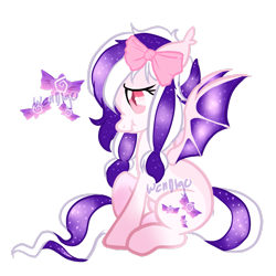 Size: 2449x2449 | Tagged: safe, artist:skulifuck, derpibooru import, oc, oc only, oc:star sweets, bat pony, pony, bat pony oc, bat wings, bow, ethereal mane, eyelashes, female, galaxy mane, hair bow, mare, raised hoof, simple background, sitting, slit eyes, transparent background, wings