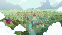 Size: 1280x720 | Tagged: safe, derpibooru import, screencap, background, canterlot castle, carousel boutique, cloud, cloudy, no pony, ponyville, ponyville schoolhouse, ponyville town hall, sugarcube corner, sweet apple acres, sweet apple acres barn, tents, water fountain, windmill
