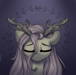 Size: 1501x1489 | Tagged: safe, artist:reterica, derpibooru import, fluttershy, pegasus, pony, antlers, branches for antlers, bust, eyes closed, female, full face view, mare, portrait, solo, stray strand