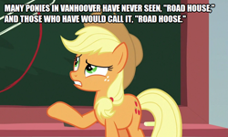 Size: 830x498 | Tagged: safe, derpibooru import, edit, edited screencap, screencap, applejack, earth pony, pony, school daze, canada, classroom, meme, pronunciation, road house, solo, vancouver