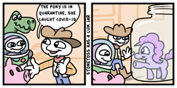 Size: 1000x500 | Tagged: safe, artist:stonetoss, derpibooru import, edit, pinkie pie, earth pony, pony, buzz lightyear, comic, coronavirus, covid-19, female, lewd container meme, male, mare, toy, toy story, woody