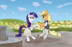 Size: 2000x1316 | Tagged: safe, artist:ngnir, derpibooru import, applejack, rarity, earth pony, pony, unicorn, atg 2020, beastars, dancing, female, lesbian, newbie artist training grounds, rarijack, shipping