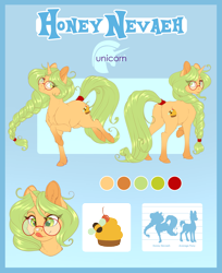 Size: 2481x3047 | Tagged: safe, artist:peridotkitty, derpibooru import, oc, oc:honey nevaeh, pony, unicorn, braid, commission, cutie mark, glasses, hair tie, horn, looking back, reference sheet, tail wrap, tongue out